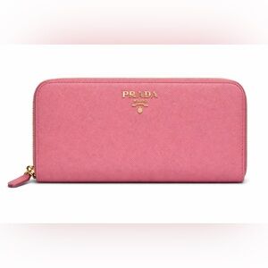 Prada Saffiano Zip Around Wallet Pink Gold Logo Continental